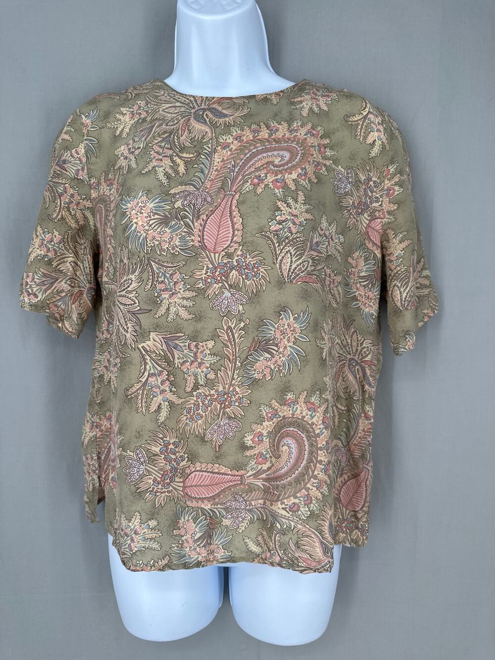 Vintage Top Womens Small Green Paisley Silk Pastel Pink 70s 90s Cottagecore Boho